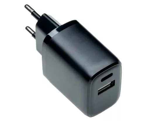 Polnilec/ napajalnik USB C+A 20 W, PD, bela, Power Delivery škatla, črna, škatla DINIC